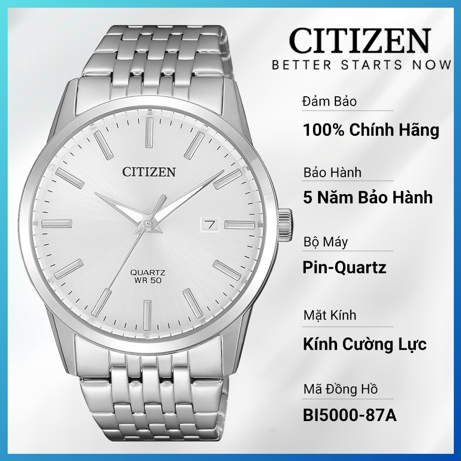 Đồng Hồ Nam Citizen Pin-Quartz Dây Thép Không Gỉ BI5000-87A - Mặt Trắng (39mm)