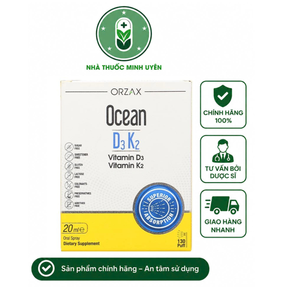 Orzax Ocean D3K2 Dạng Xịt Bổ Sung Vitamin D3 và K2, Hỗ Trợ Tăng Cường Hấp Thu Canxi (Lọ 20ml) - Nhập