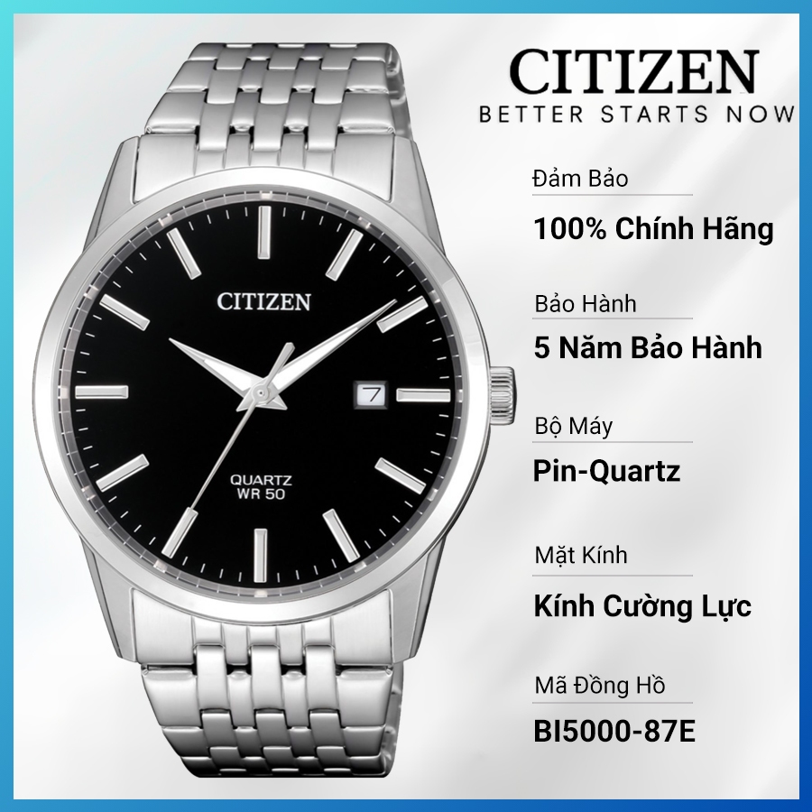 Đồng Hồ Nam Citizen Pin-Quartz Dây Thép Không Gỉ BI5000-87E - Mặt Đen (39mm)