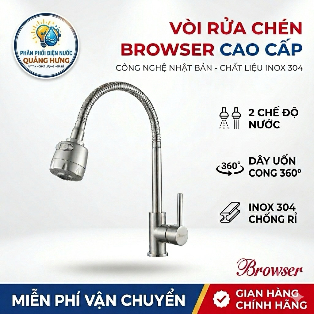 Vòi Rửa Chén Bát Inox 304 Browser Cao Cấp, Vòi Nước Bồn Rửa Chén Cần Uốn 360 Độ Linh Hoạt, 2 Chế Độ 