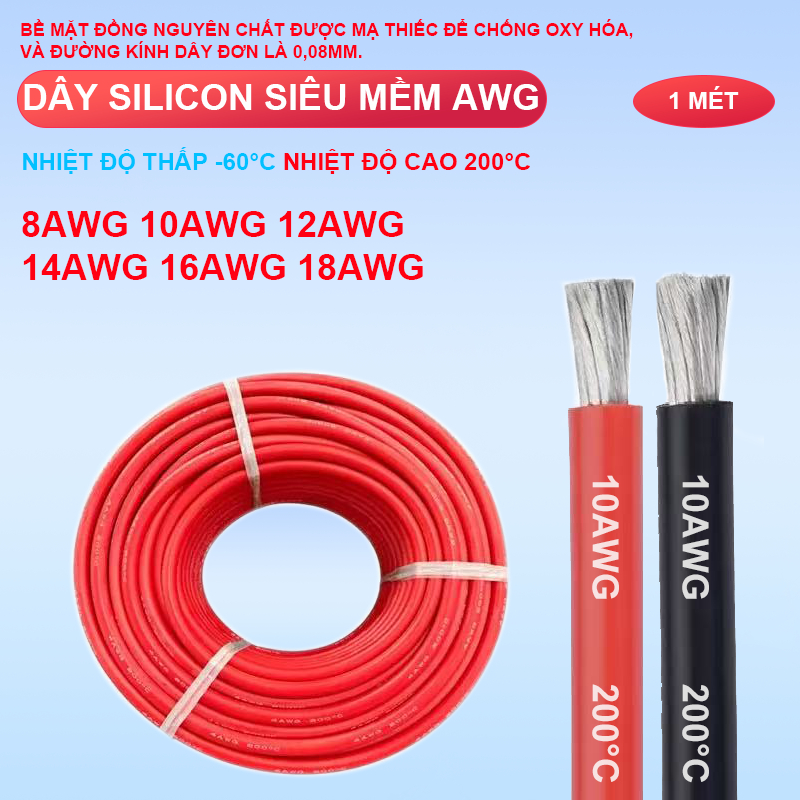 Dây chịu nhiệt AWG  8AWG 10AWG 12AWG 14AWG  16AWG 18AWG Dây silicone siêu mềm chịu tải