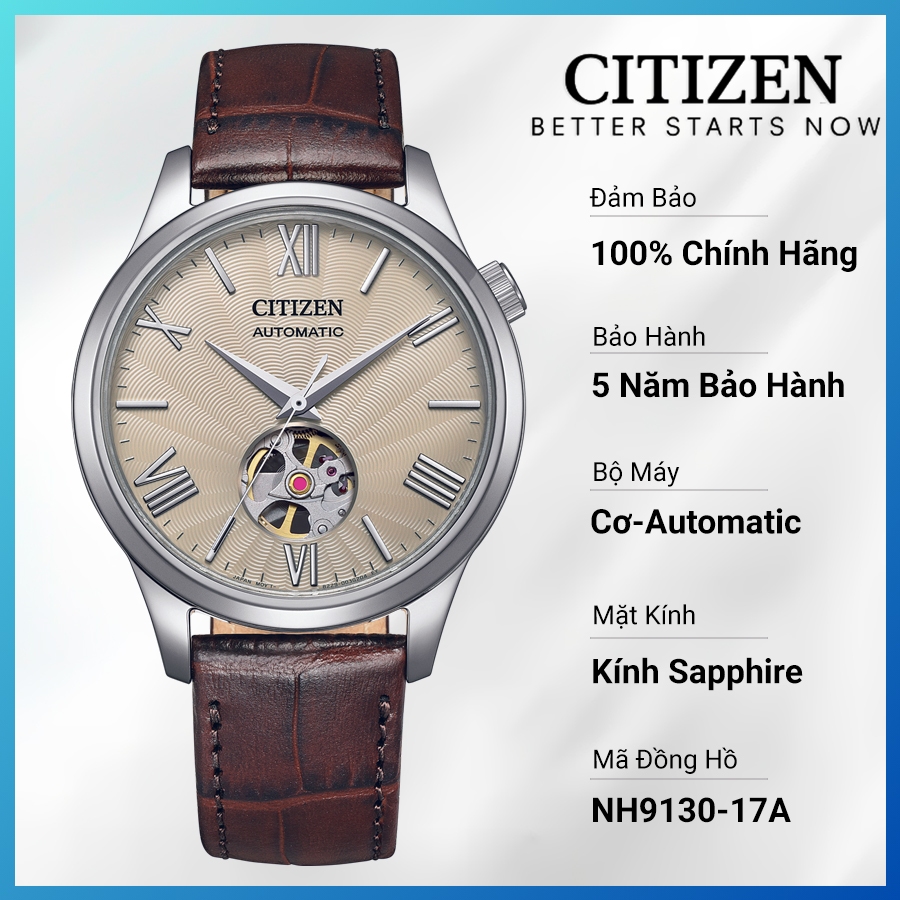 Đồng Hồ Nam Citizen Automatic Dây Da NH9130-17A - Mặt Vàng Nhạt (Sapphire)