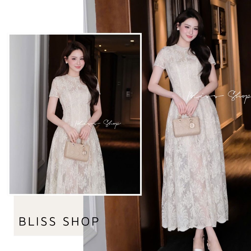 [Thiết Kế Cao Cấp] Đầm Váy Dáng Dài Cổ Tròn Tay Ngắn Điệu Đà Tiểu Thư Sang Trọng Bliss Shop - V570