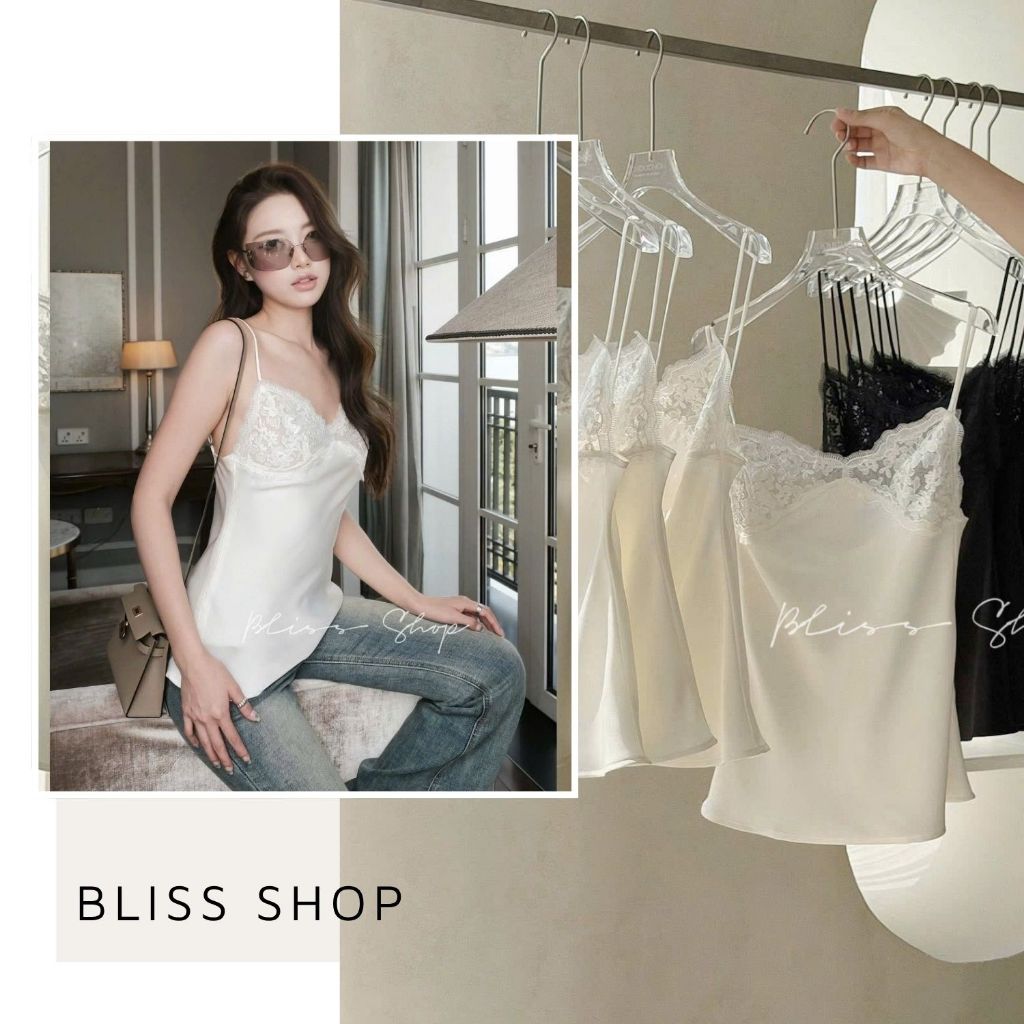 [Summer 2026] Áo Lụa 2 Dây Phối Viền Ren Ngực Quyến Rũ Tôn Dáng Bliss Shop - A825