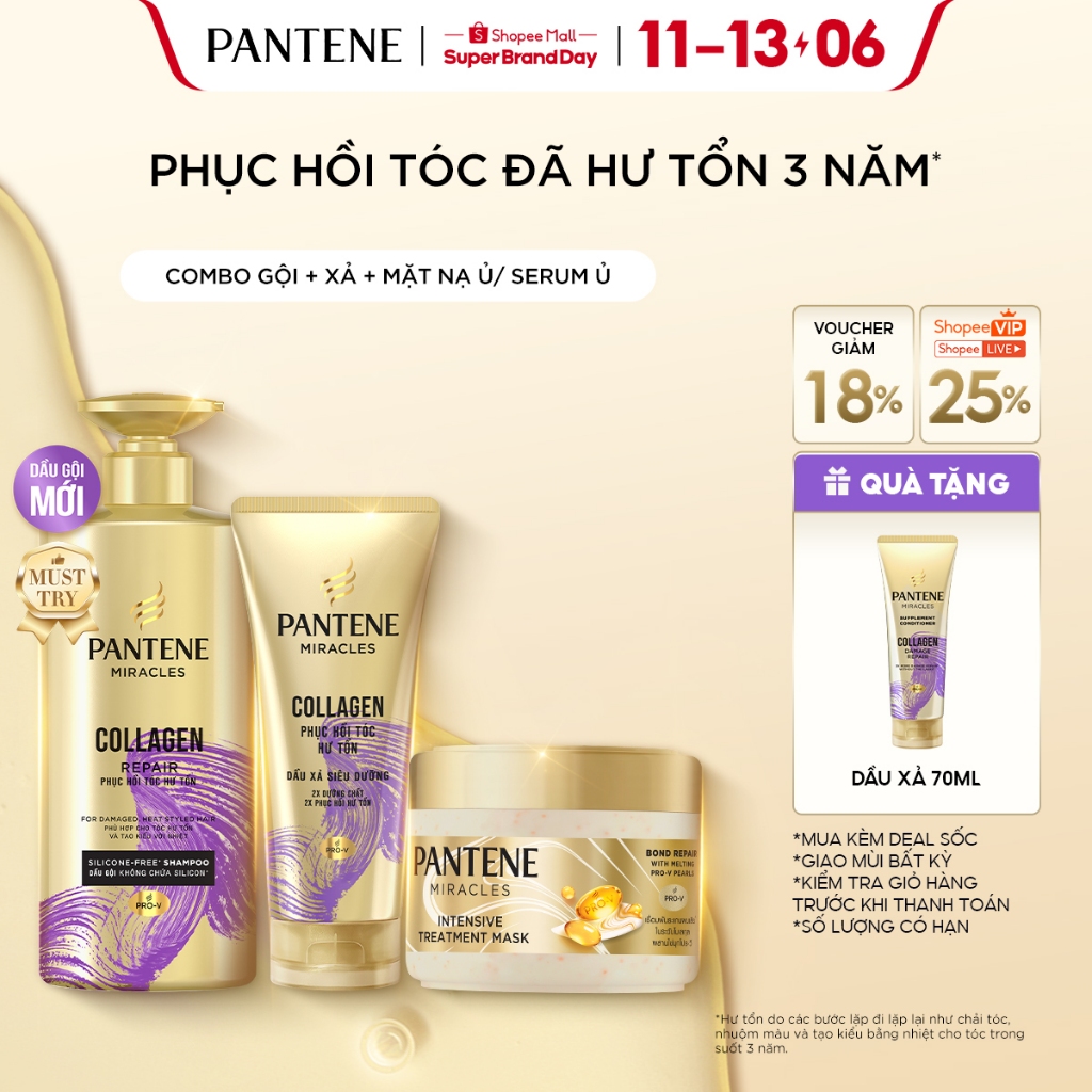 [MỚI] Combo 3: Gội+Xả+Ủ PANTENE MIRACLES:Gội 0%Silicone+Xả Siêu Dưỡng+ Mặt Nạ Ủ/Kem Ủ Tóc Serum Phục