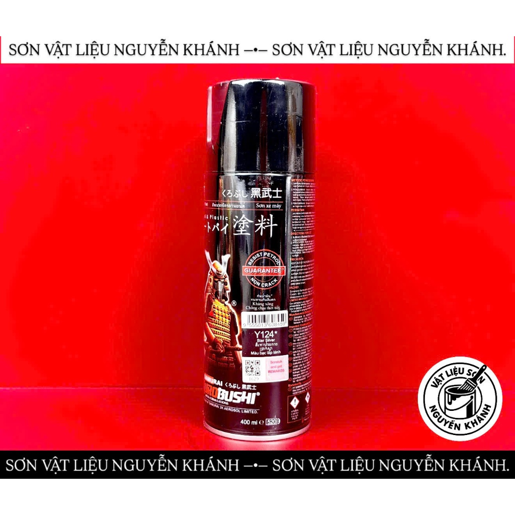 Sơn xịt Samurai Y124 màu bạc lấp lánh 400ml – Sơn phun bạc ánh kim, sơn xịt trang trí xe máy, kim lo