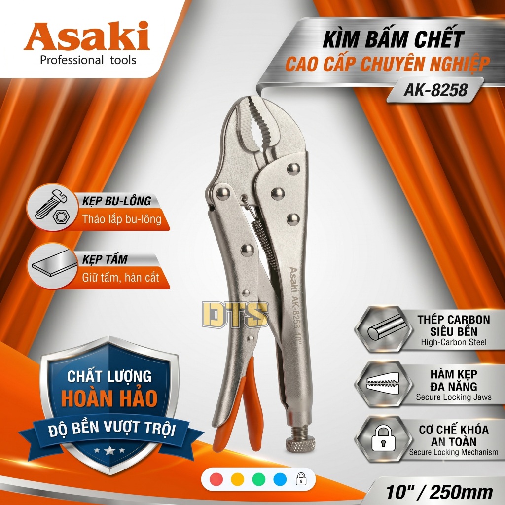 Kìm chết Asaki JAPAN AK-8258 thép CR-V 10"/250mm | Kìm bấm kẹp cơ khí dụng cụ chuyên dụng, giữ chặt