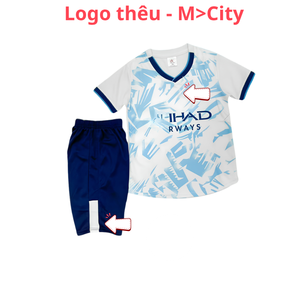 Quần Áo Bóng Đá M>City Mờ Xi Ti trắng xanh 25/26 - trẻ em - Vải mè DK- In Tên Số Theo Yêu Cầu REINA 