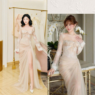 đầm body dài ren tay dài phối lứoi sẽ tà dạ hội dự tiệc kèm ảnh thật