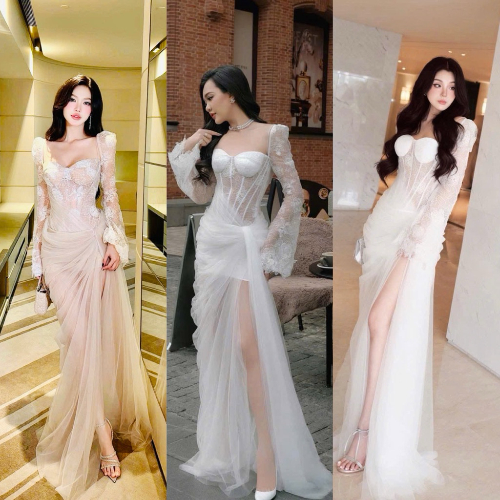 đầm body dài ren tay dài phối lứoi sẽ tà dạ hội dự tiệc kèm ảnh thật