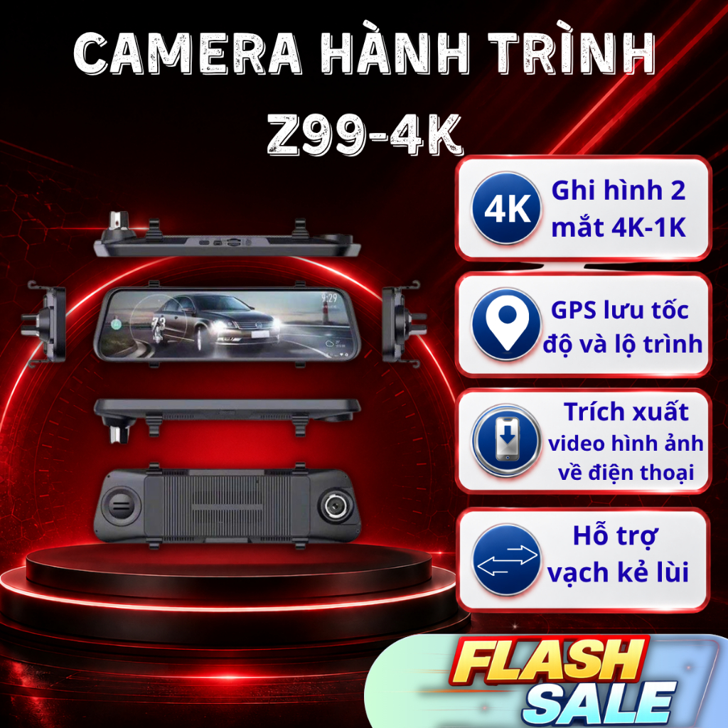 Camera Hành Trình Gương Ô Tô CarCam Pro Z99-4K Ghi Hình Kép 4K Có GPS Lưu Tốc Độ Hỗ Trợ Lùi Xe Kết N