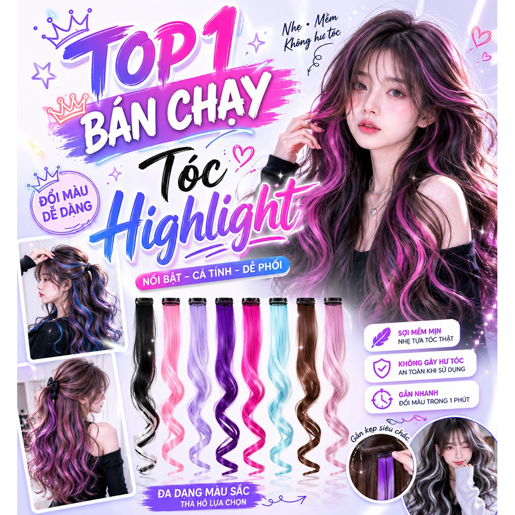 [Mua 2 Giảm 5K] Tóc Giả Line Xoăn Kẹp Nhiều Màu Cầu Vồng – Tóc Highlight Kẹp Nối Chụp Ảnh, Cosplay
