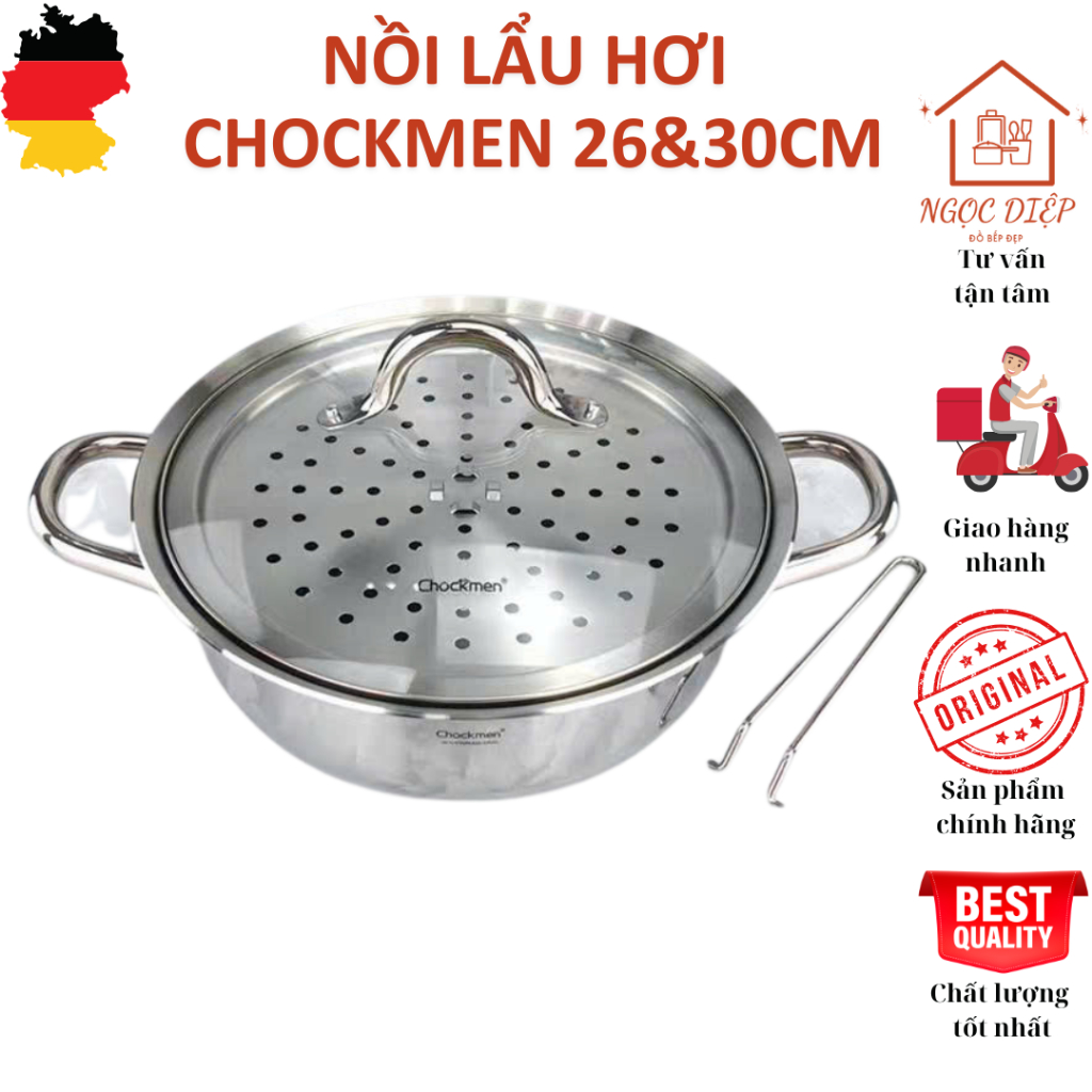 Nồi lẩu hơi, lẩu hơi inox 26cm và 30cm, nồi lẩu đa năng, xửng hấp, xửng lẩu hơi CHOCKMEN, xửng hấp