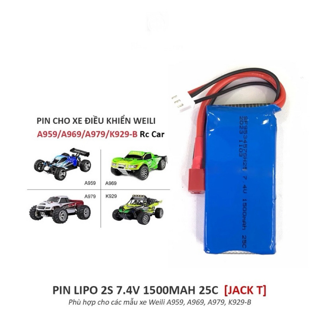 Pin Lipo 2s 7.4V 25C Jack T - Dung lượng 1500mah