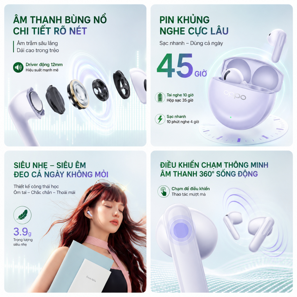 Tai Nghe Bluetooth OPPO Enco Air 5S Chính Hãng, Âm Thanh Hi-Res, Chống Ồn AI, Pin Lâu 38H, Kết Nối Bluetooth 5.4 | BigBuy360 - bigbuy360.vn