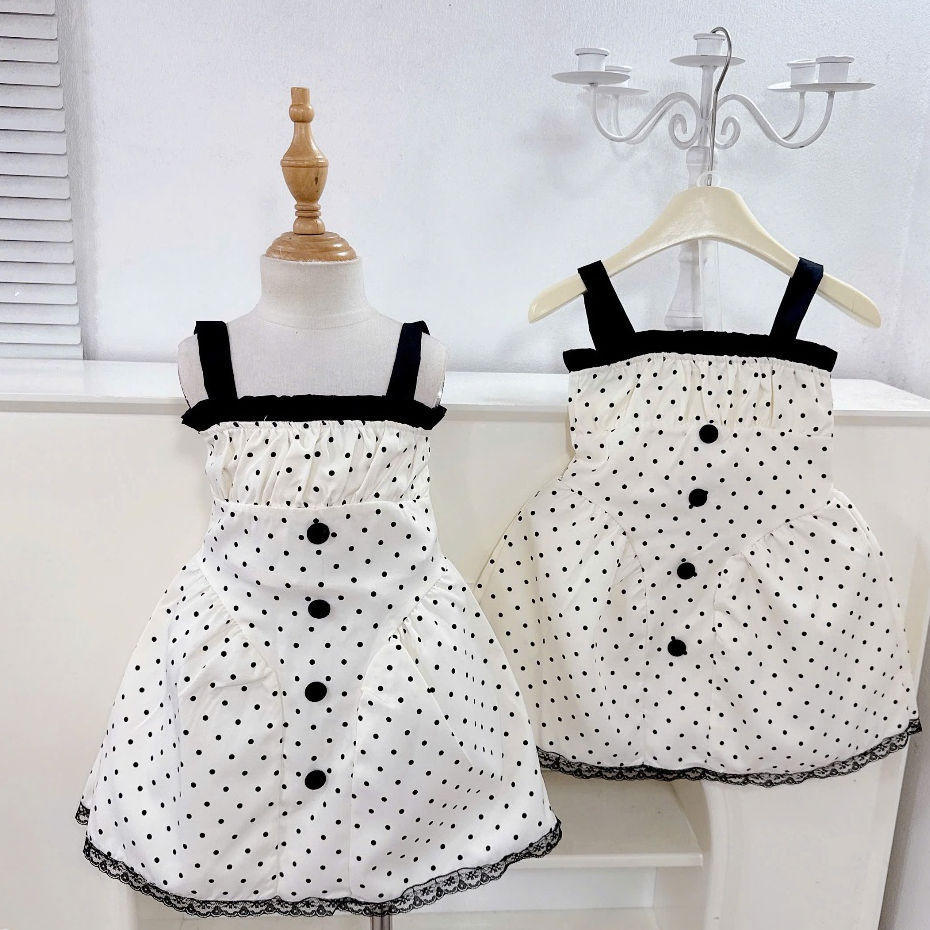 Váy cho bé gái, Set váy 2 dây chấm bi viền ren cúc bọc cho bé đi học đi chơi 10-30kg Luna Kids