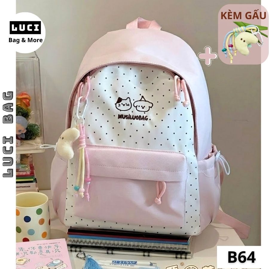 Balo nữ đi học, Balo học sinh nam nữ cấp 2 đựng vừa laptop vải Poly chống nước tốt B64 Luci Bag