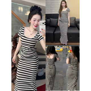 🛒 Đầm Kẻ Sọc Ngang Tay Ngắn Cổ Vuông Hở Lưng Chữ U - Dài Midi Ôm Body Sexy Basic Đơn Giản - Tiểu Thư Bánh Bèo Sang Chảnh
