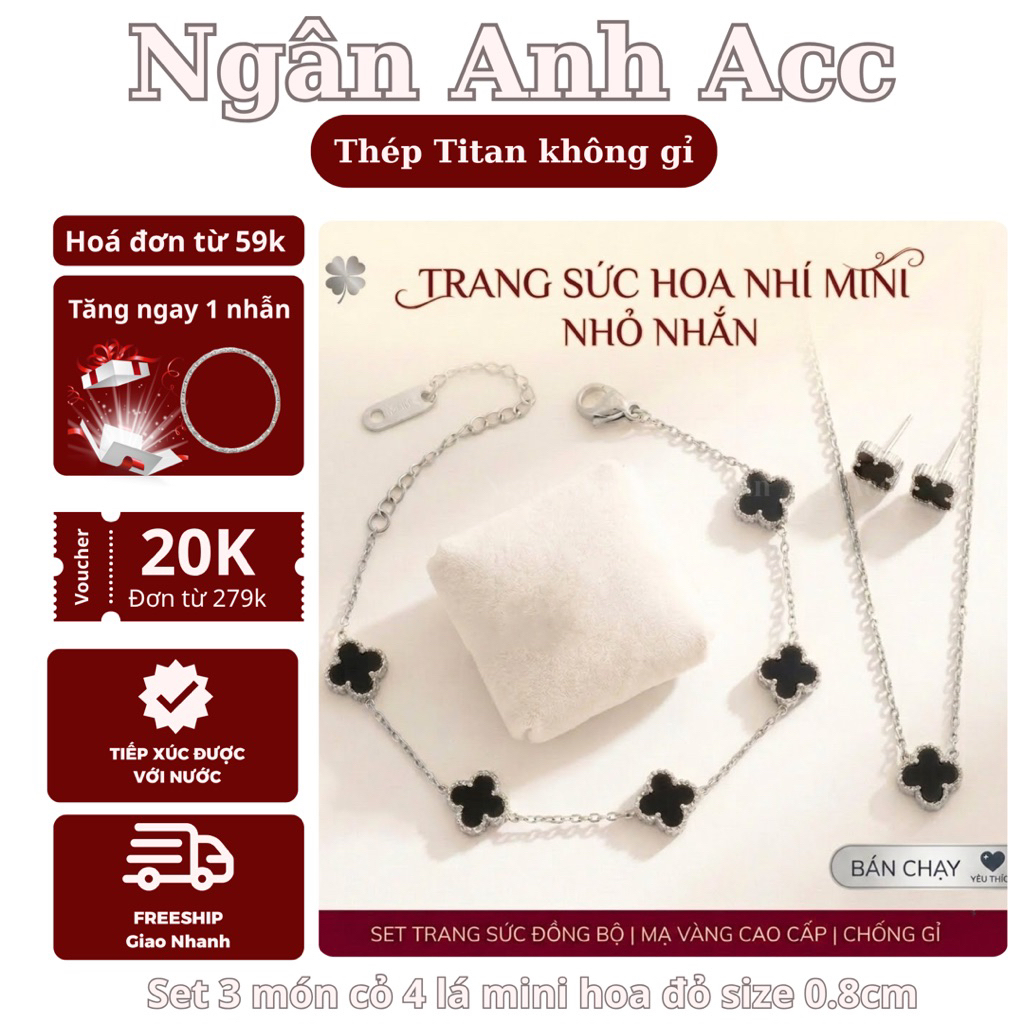 [TITAN KHÔNG ĐEN GỈ] Bộ Trang Sức Cỏ Bốn Lá Đen Vòng Tay, Bông Tai, Vòng Cổ Cỏ 4 Lá Vann Sang Trọng 