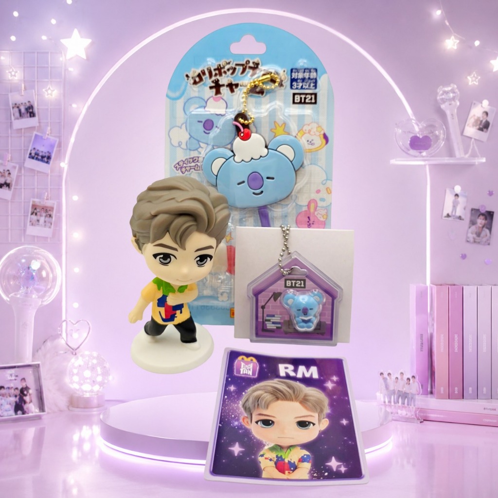 Bộ 4 món BT21 KOYA RM hình nhân vật McDonald's, móc khóa hình ngôi nhà, hình kẹo mút.