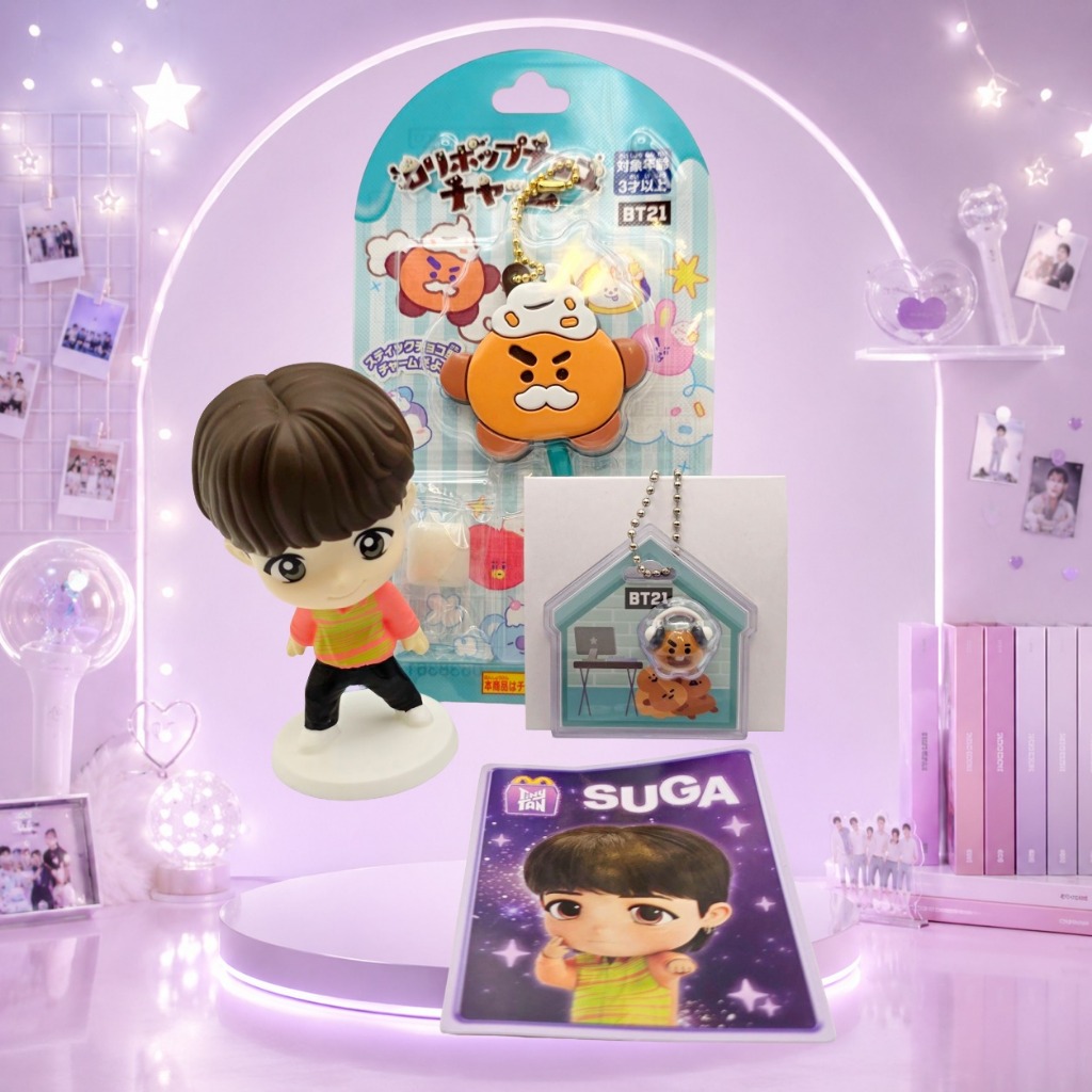 Bộ 4 món BT21 SHOOKY SUGA hình nhân vật McDonald's, móc khóa hình ngôi nhà, hình kẹo mút.