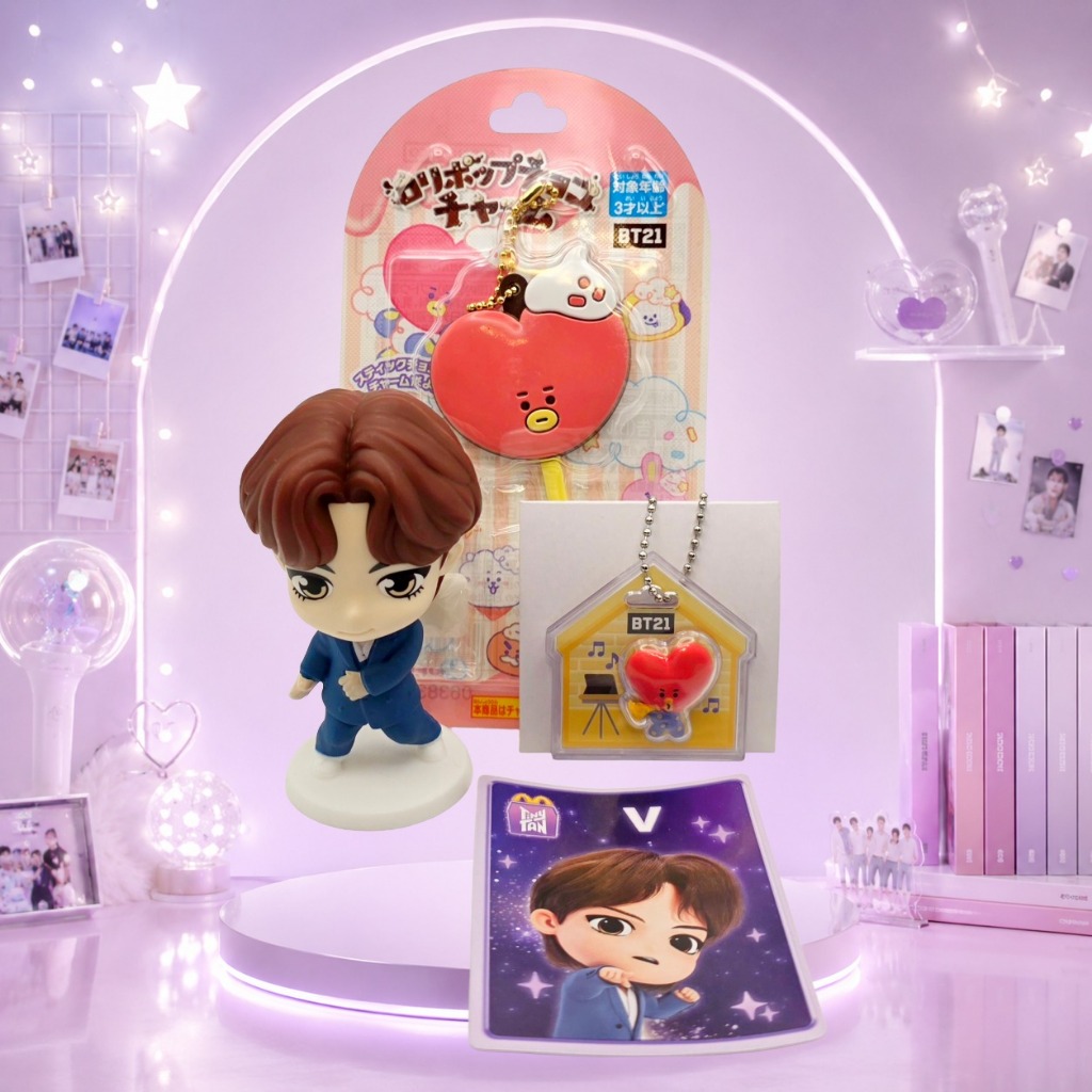 Bộ 4 món BT21 TATA V hình nhân vật McDonald's, móc khóa hình ngôi nhà, hình kẹo mút.
