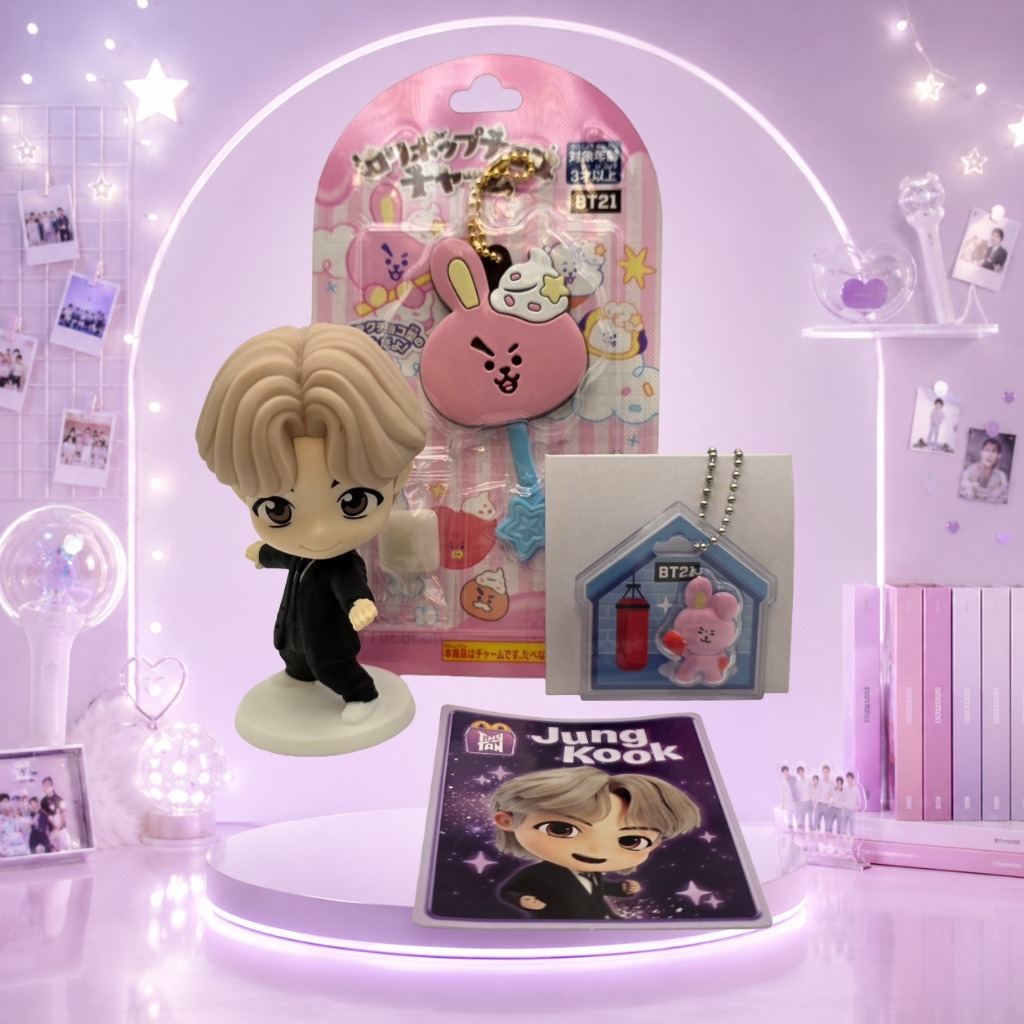 Bộ 4 món BT21 COOKY Jung Kook gồm mô hình McDonald's, thẻ bài, móc khóa hình ngôi nhà, kẹo mút.