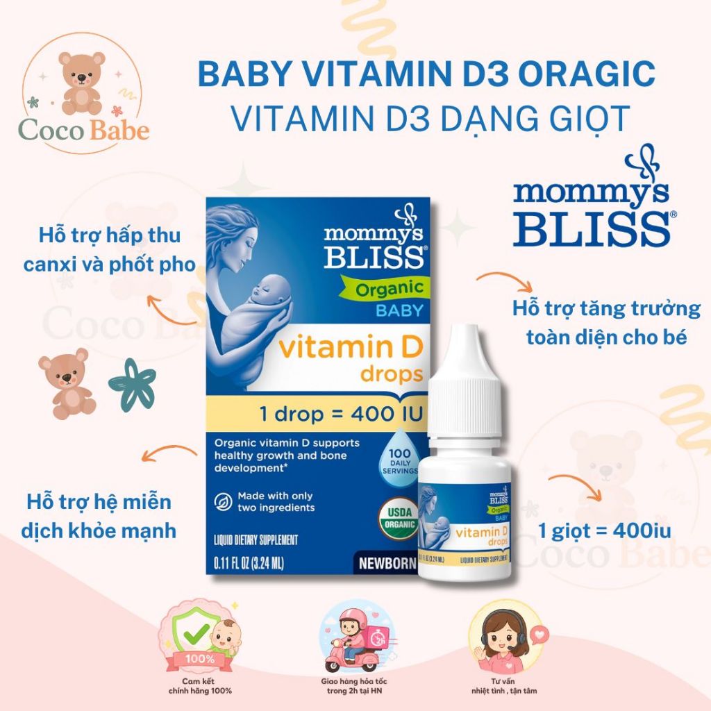 [ Hàng Mỹ ] Vitamin D3 hữu cơ Mommy Bliss 3.24ml 100 giọt