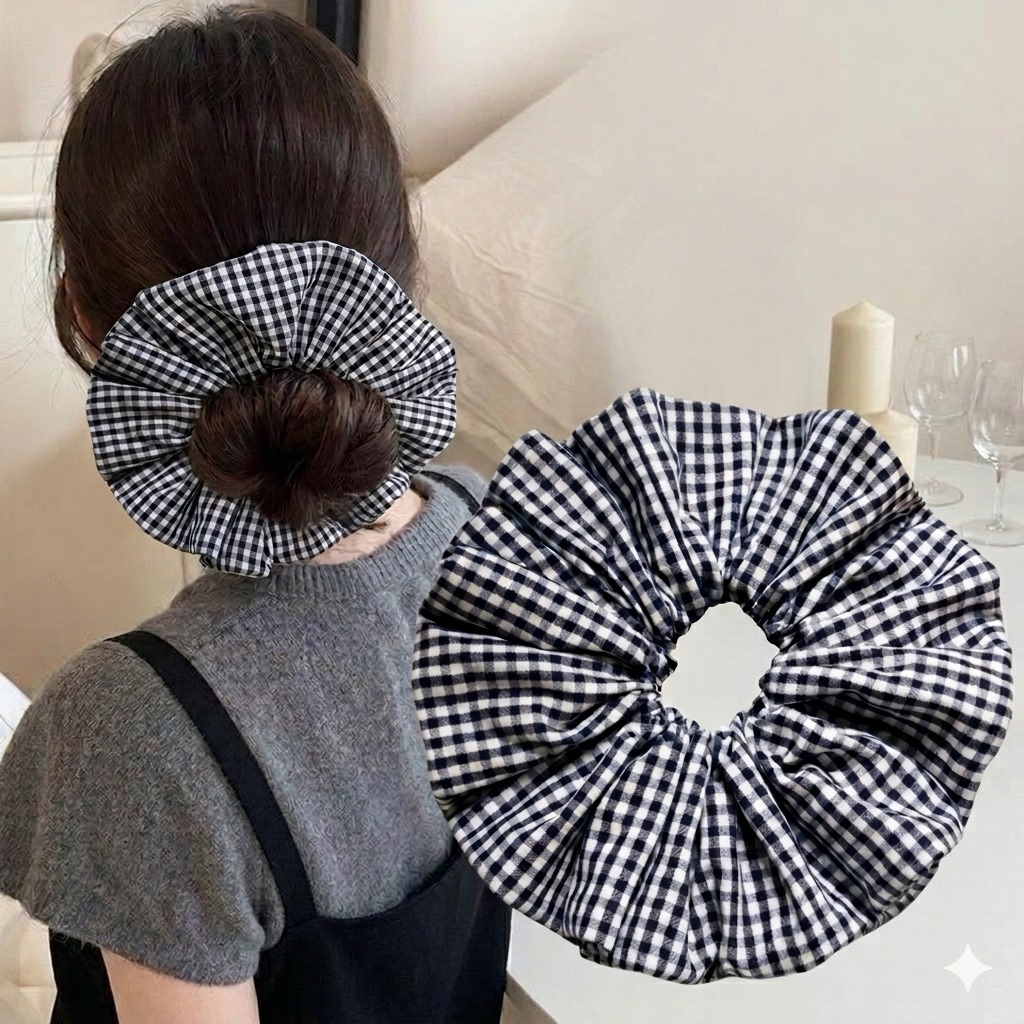 Dây buộc tóc Scrunchies kẻ ca-rô / Gingham Scrunchies: Loại vải họa tiết ô vuông đen trắng cỡ lớn