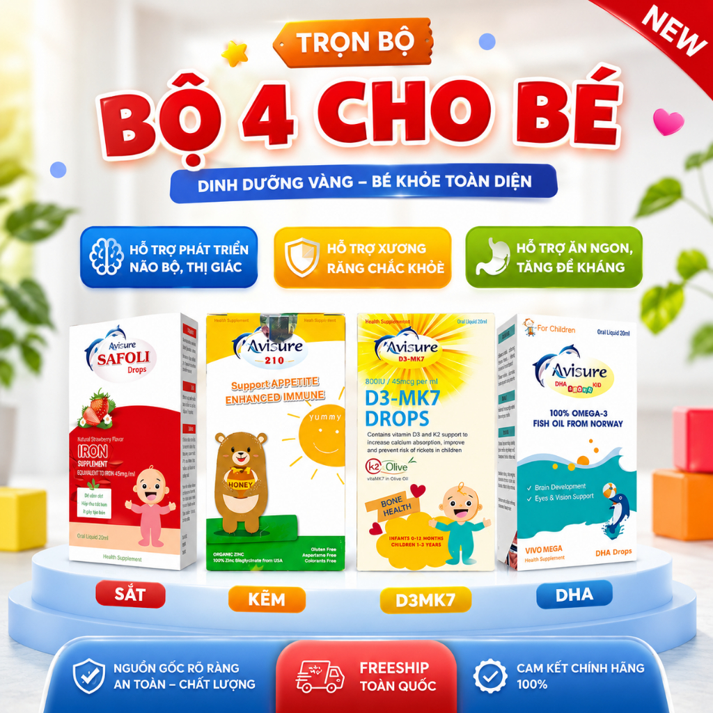 Bộ ( 30ml) Vi chất Avisure  -  nhỏ giọt thiết yếu cho bé - Avisure DHA, sắt Safoli drop vitamin D3-M