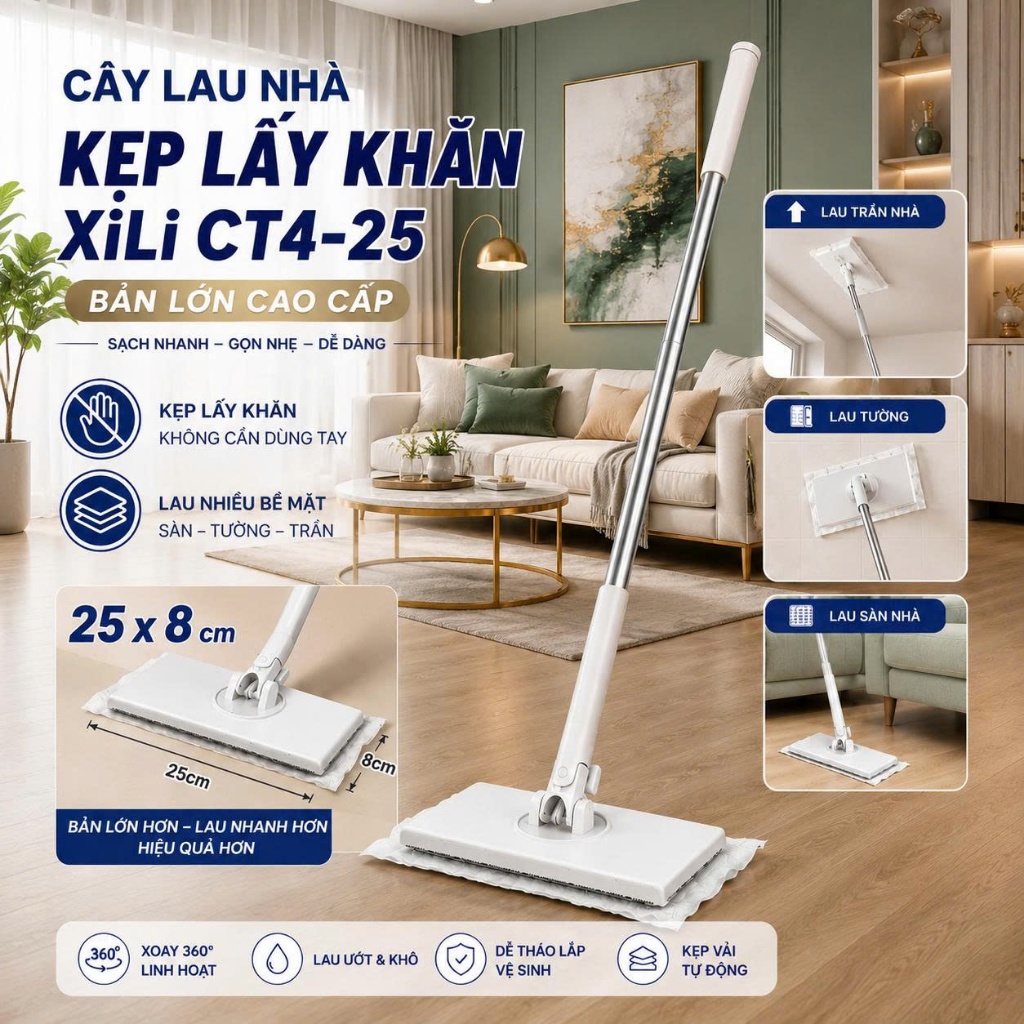Cây Lau Kẹp Khăn Xixi Cao Cấp C425 Bản To Tự Động Thay Khăn Không Cần Chạm Tay 25cm