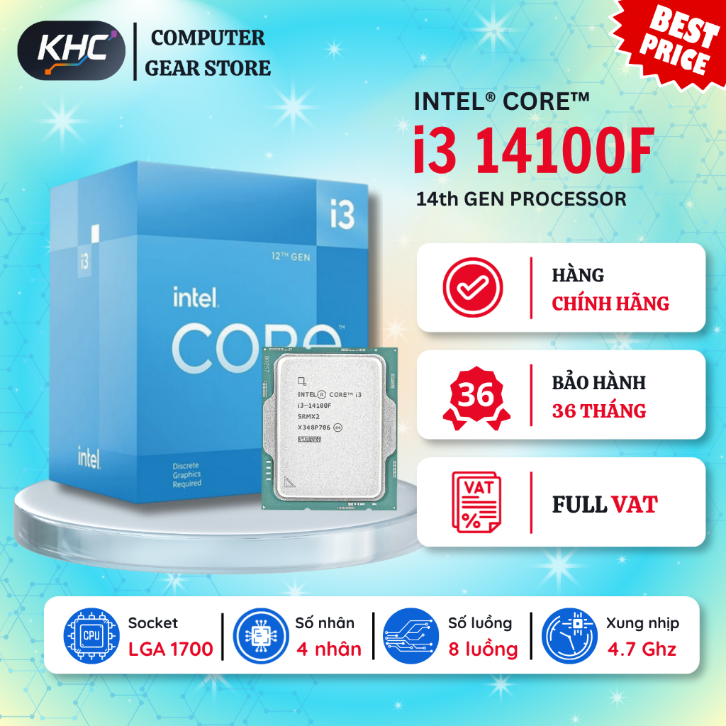 CPU Intel Core i3 12100F / 13100F / 14100F Tray New Không Fan (Full VAT)