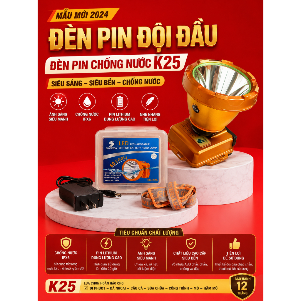 Đen pin đội đầu, đèn pin chống nước K25 mẫu mới (giá tốt)