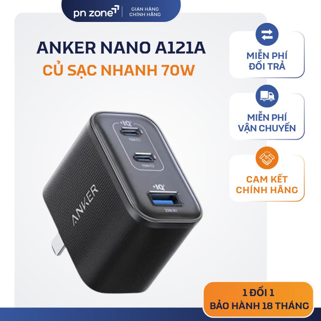 Củ Sạc Nhanh Anker Nano 70W A121A 2C1A  Chính Hãng - Bảo Hành 18 Tháng