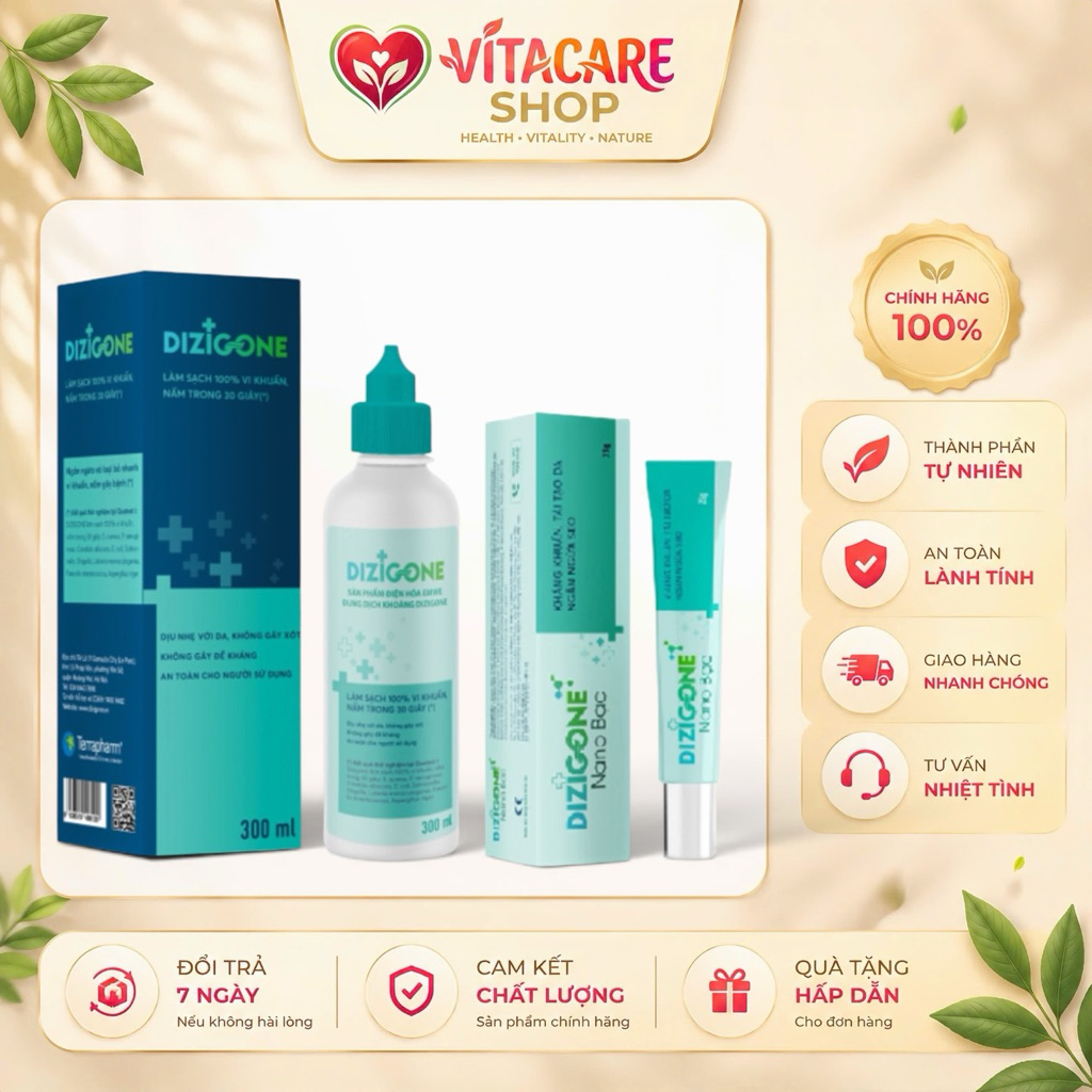 Combo DIZIGONE Kháng Khuẩn & Chăm Sóc Da Toàn Diện - Kem Nano Bạc Dizigone 25g + Dung Dịch Kháng Khu