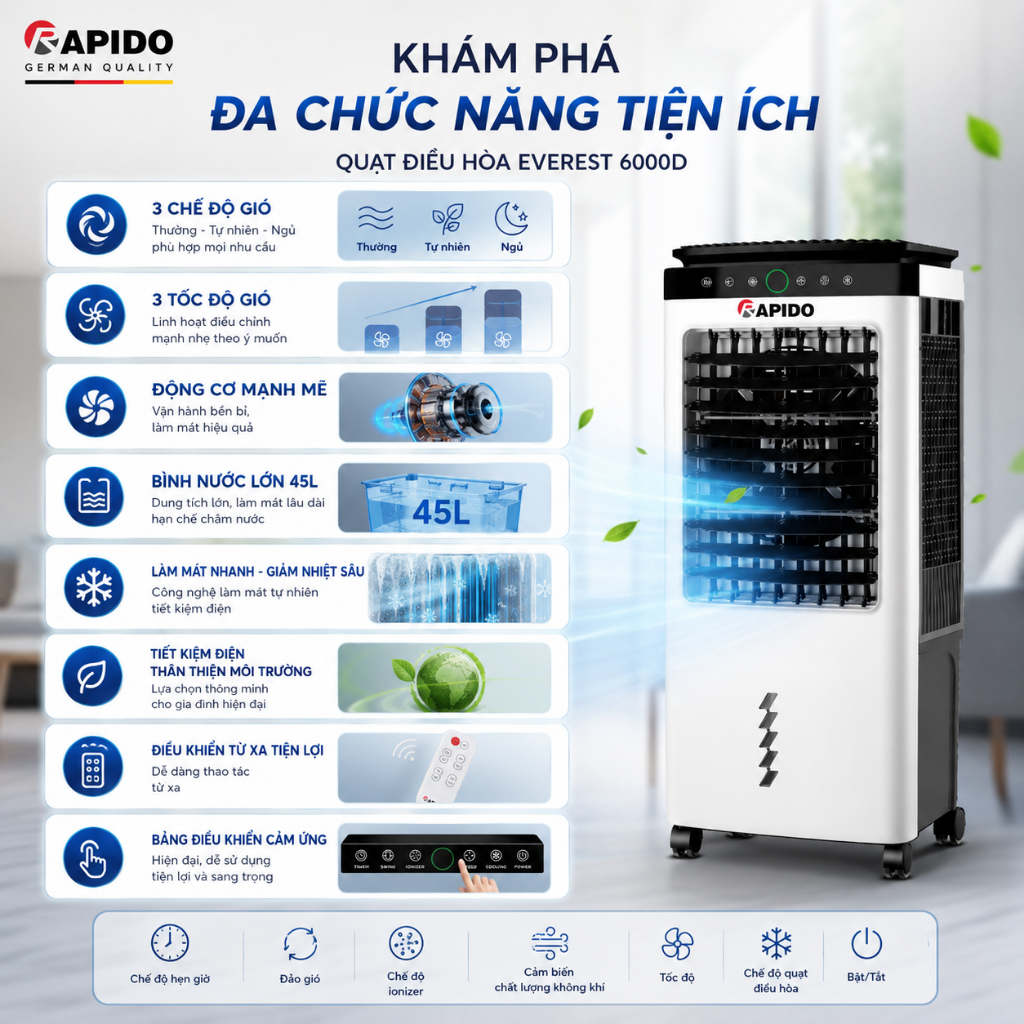 [Everest - 6000D] Quạt điều hòa không khí Rapido 6000D, 6000M chính hãng, Bảo hành toàn quốc 5 năm | BigBuy360 - bigbuy360.vn