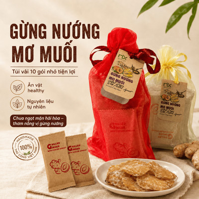 Túi Gừng Nướng Ăn Vặt Nam Xanh, Gừng Nướng Mơ Muối, Ăn Vặt Healthy, Túi Vải 10 Gói Nhỏ Tiện Lợi