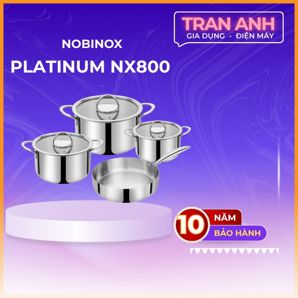 BỘ NỒI CHẢO 4 MÓN NOBINOX PLANUM NX800 | Đáy liền khối cao cấp, dày nặng inox 304