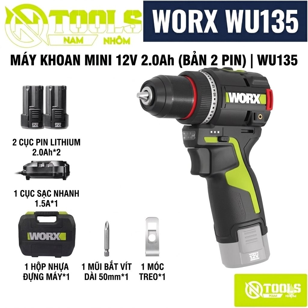 Máy khoan pin Worx WU135 trang bị ly hợp cao cấp Smart Clutch