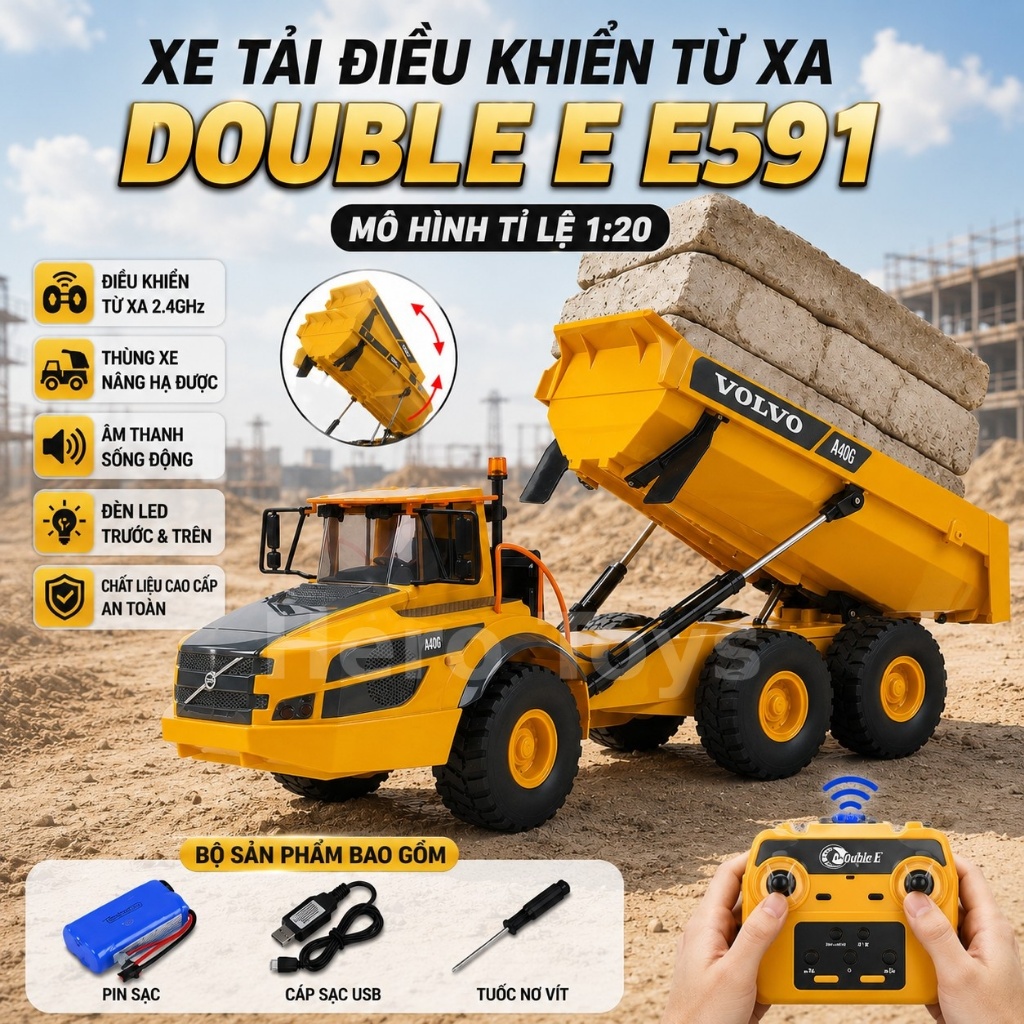 Xe Ben Điều Khiển Từ Xa Double E E591 Tỷ Lệ 1:20 - Xe Tải Ben Khớp Nối Volvo A40G 6 Động Cơ Mạnh Mẽ 