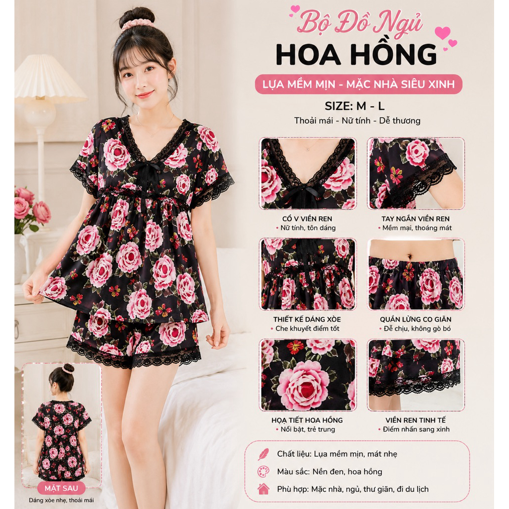 ĐỒ BỘ NGỦ HOA HỒNG VẢI MÁT MỊN PHỐI REN SIZE ML NEW TAG