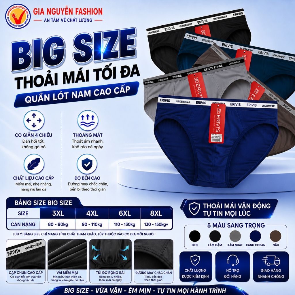 Quần sịp Big size: set 5 chiếc: Quần lót nam Erivi's, vải thun mát lạnh, quần Bigsize dành cho người