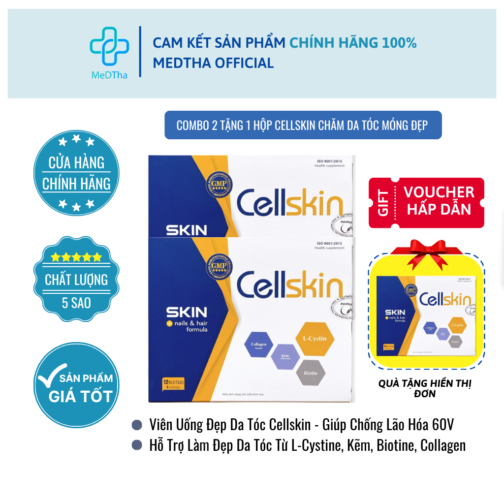 [COMBO 2 TẶNG 1H] Viên Uống ĐẸP DA TÓC Cellskin - Ngăn Lão Hóa, Giảm Mụn, Tóc Mọc, L-Cystine 60 Viên