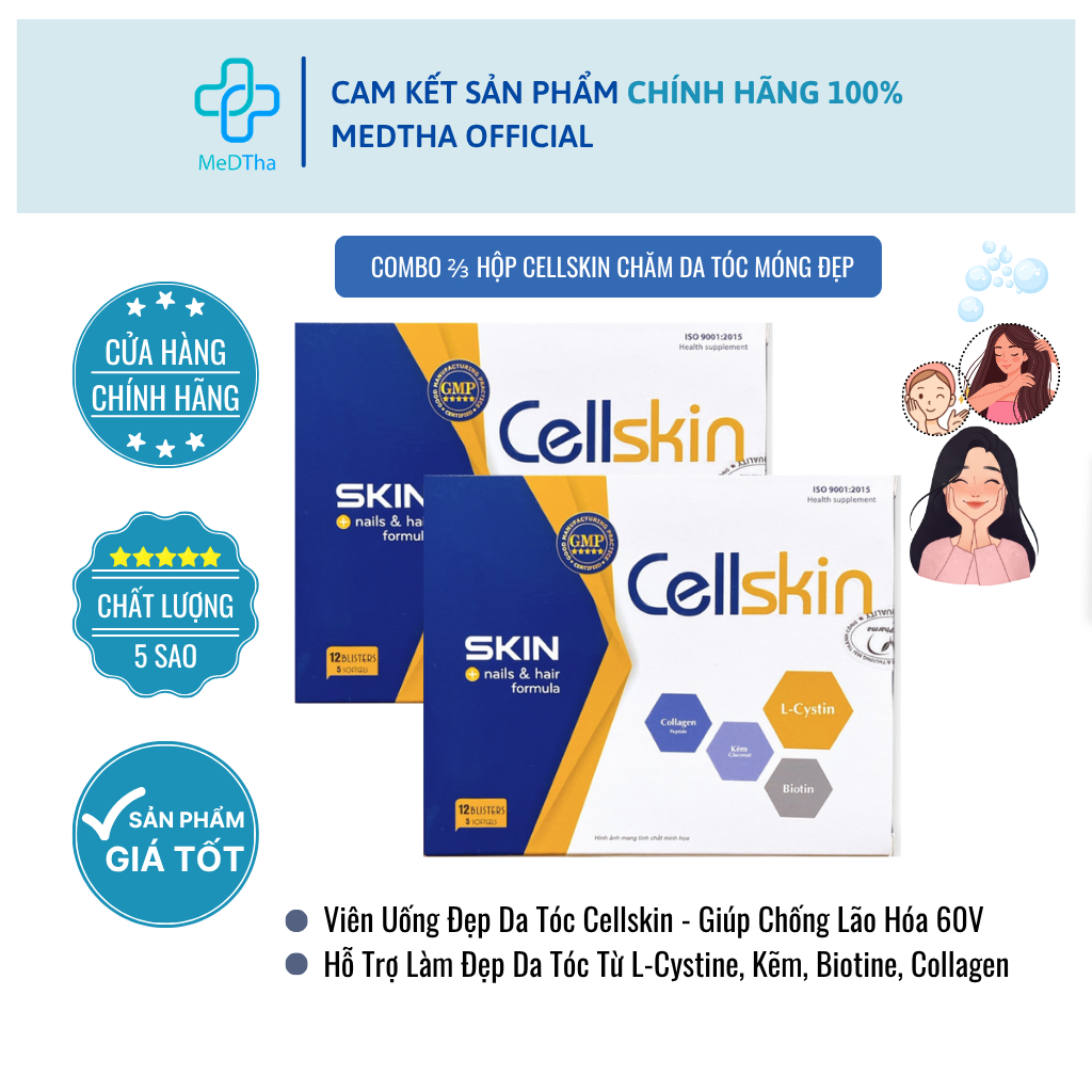 [COMBO 2 HỘP] Viên Uống ĐẸP DA TÓC Cellskin - Ngăn Lão Hóa, Giảm Mụn, Tóc Mọc, L-Cystine 60 Viên