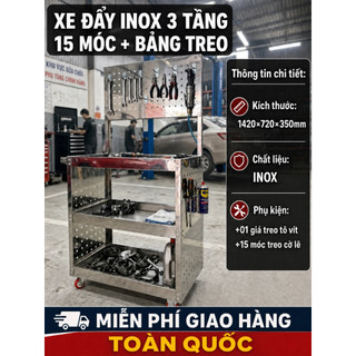 Xe Đẩy Inox 3 Tầng 15 Móc Kèm Bảng Treo  – Xe Đựng Dụng Cụ Inox Chuyên Nghiệp Cho Gara Và Xưởng Cơ Khí