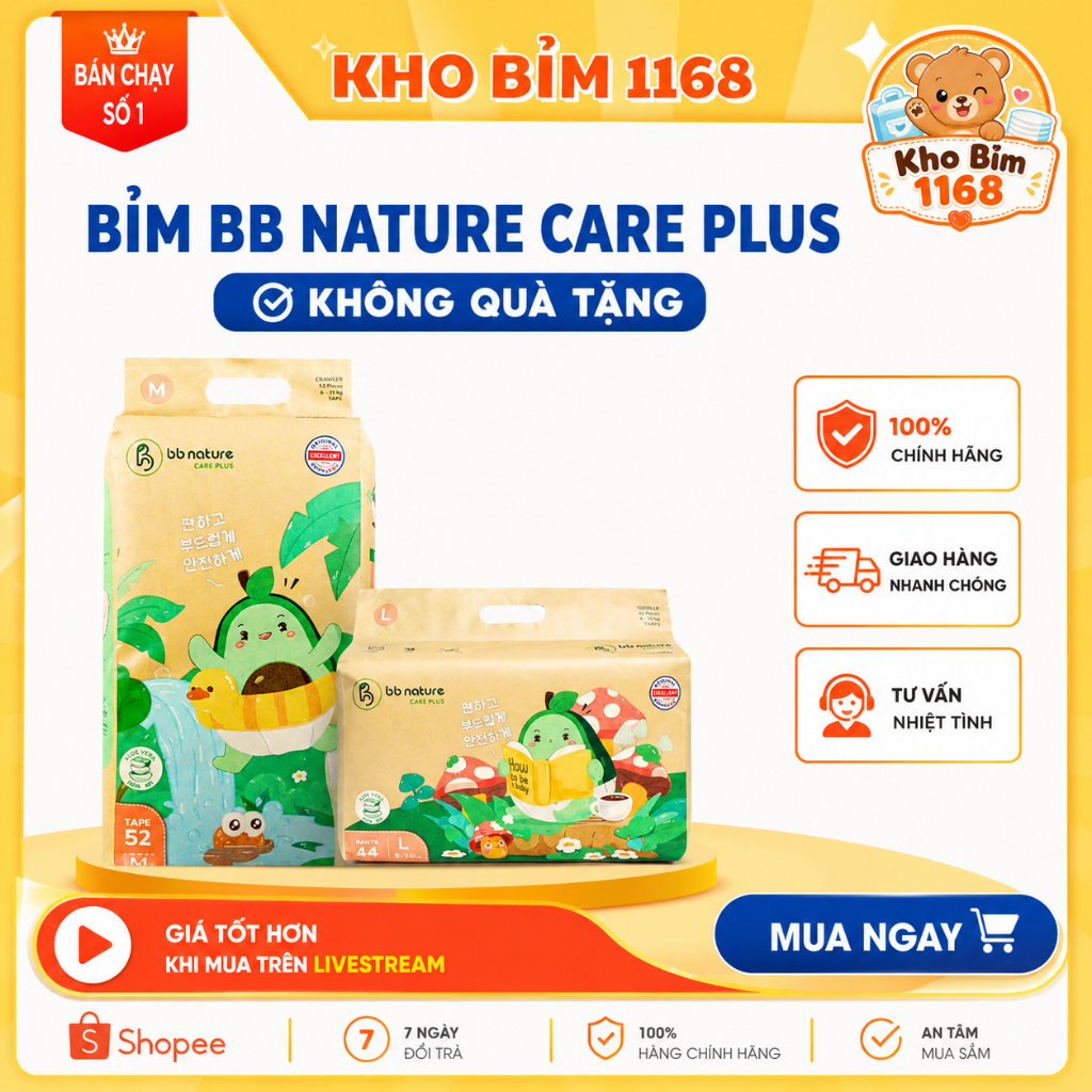 Bỉm BB Nature / BB Nature Care plus sợi tre organic cao cấp cho bé đủ size