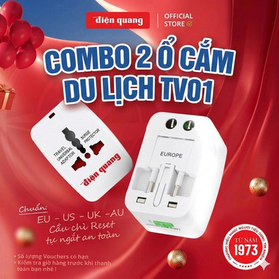 Combo 2 ổ cắm du lịch Điện Quang ĐQ ESK TV01 - Lỗ cắm chuẩn quốc tế, thích hợp mọi chân cắm. BH 12 tháng