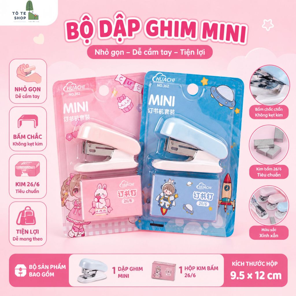 Bộ Bấm Kim Mini –Dập Ghim Cầm Tay Nhỏ Gọn Văn Phòng Phẩm Học Sinh, Sinh Viên