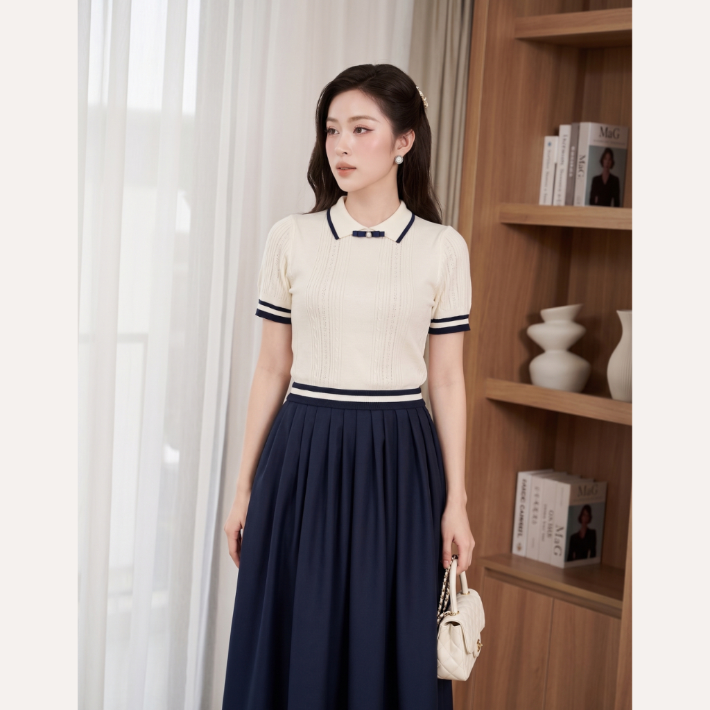Áo dệt kim nữ cổ polo phối viền, áo len tăm cộc tay đính nơ ngọc phong cách thanh lịch Linly Store A-DK1 | BigBuy360 - bigbuy360.vn