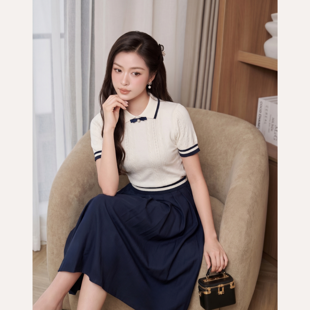 Áo dệt kim nữ cổ polo phối viền, áo len tăm cộc tay đính nơ ngọc phong cách thanh lịch Linly Store A-DK1 | BigBuy360 - bigbuy360.vn
